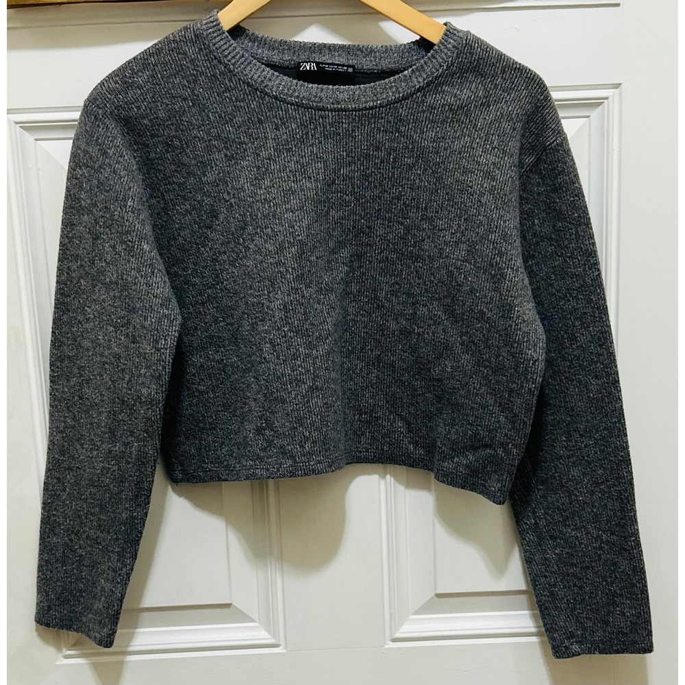 ZARA Women Charcoal Ribbed Knit Cropped Sweater Long Sleeve Crew Neck Size M